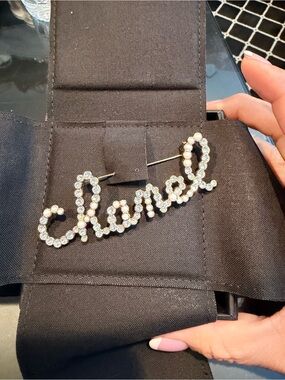 CHANEL Logo Brooch with Clear Crystals & Pearls